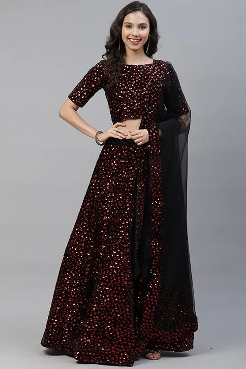 Maroon Indian Fashion Velvet Sequins Embroidered Lehenga Choli