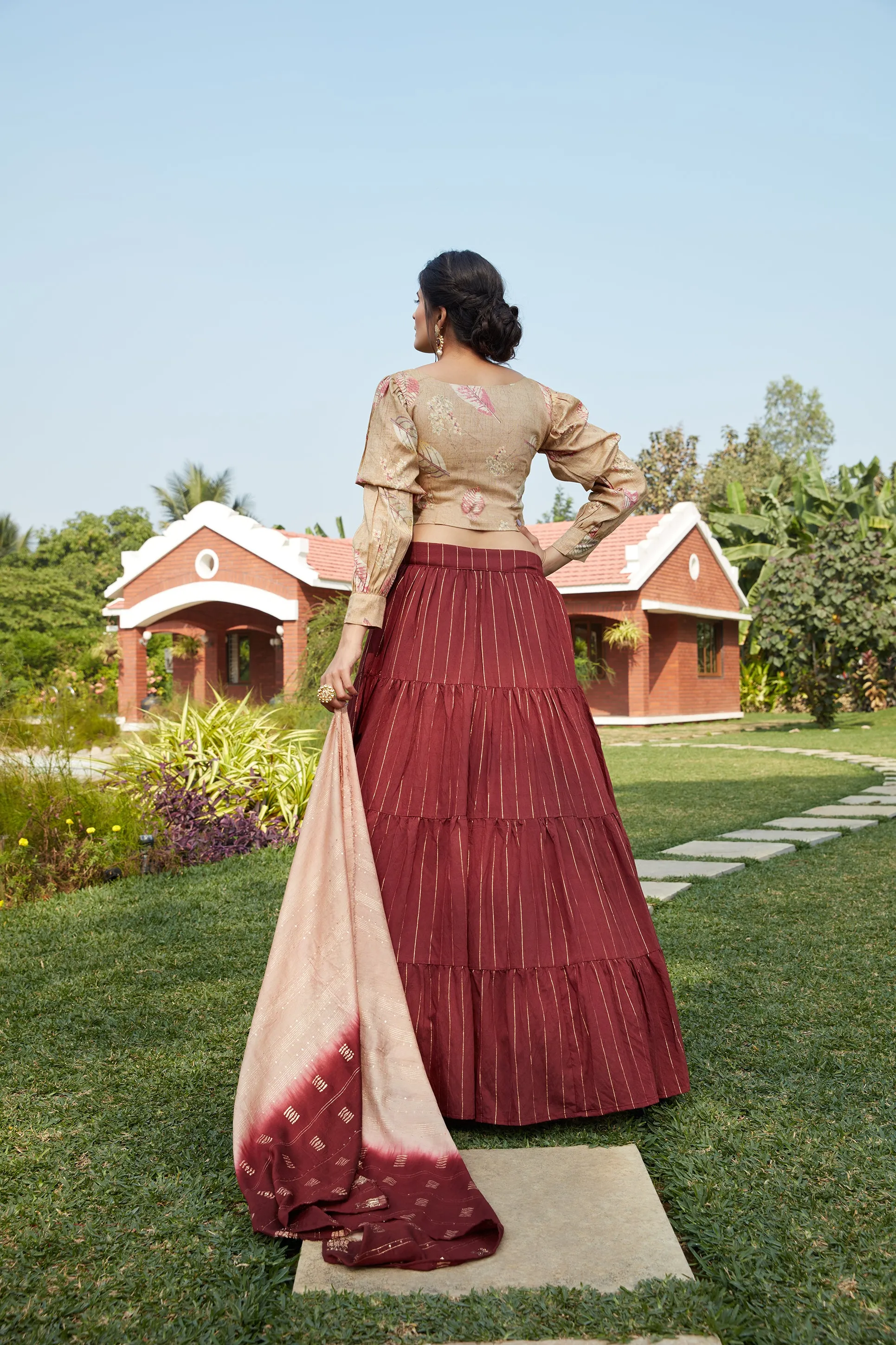 Maroon Printed Cotton Party Wear Lehenga Choli With Dupatta