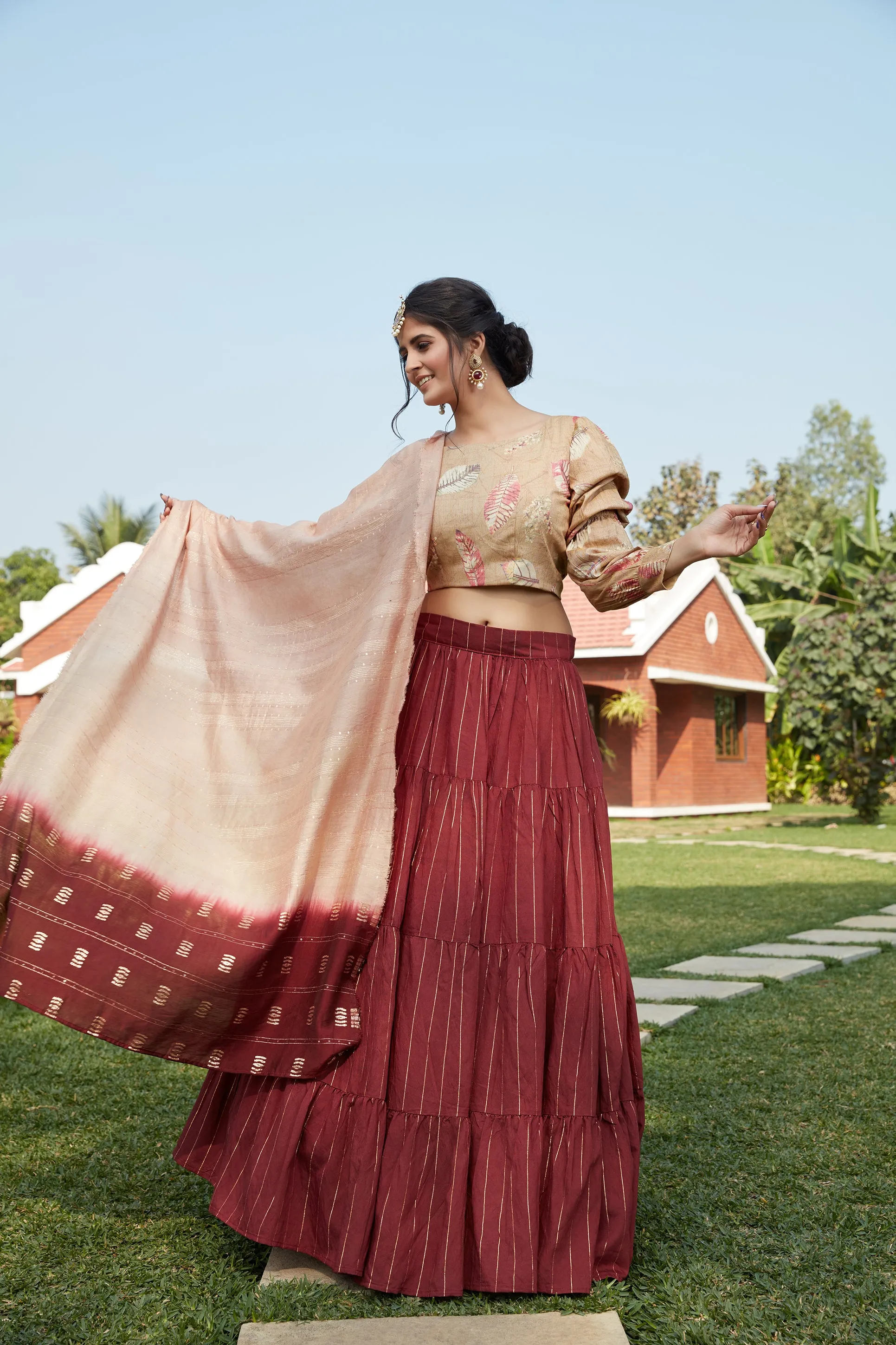 Maroon Printed Cotton Party Wear Lehenga Choli With Dupatta