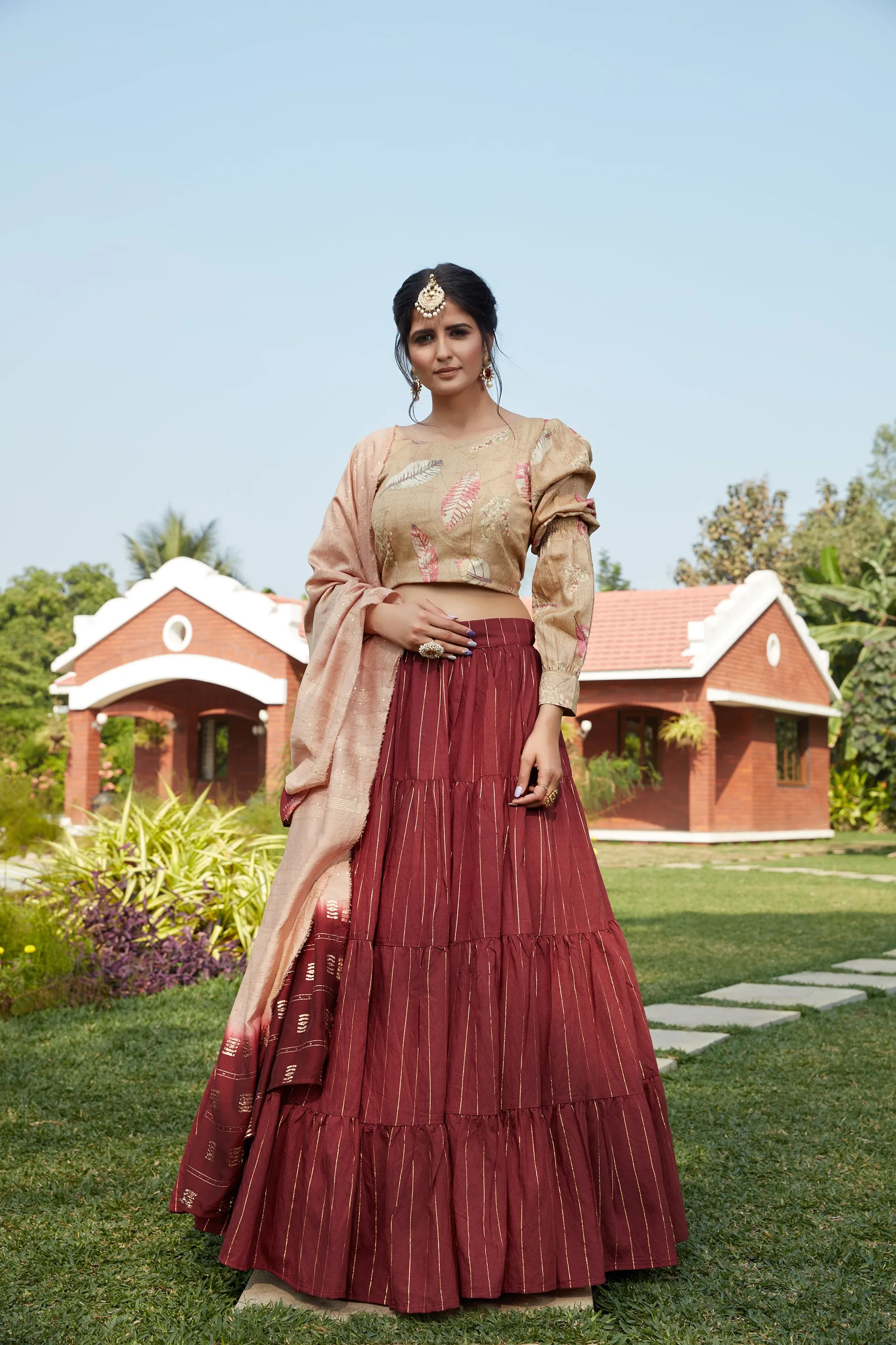 Maroon Printed Cotton Party Wear Lehenga Choli With Dupatta