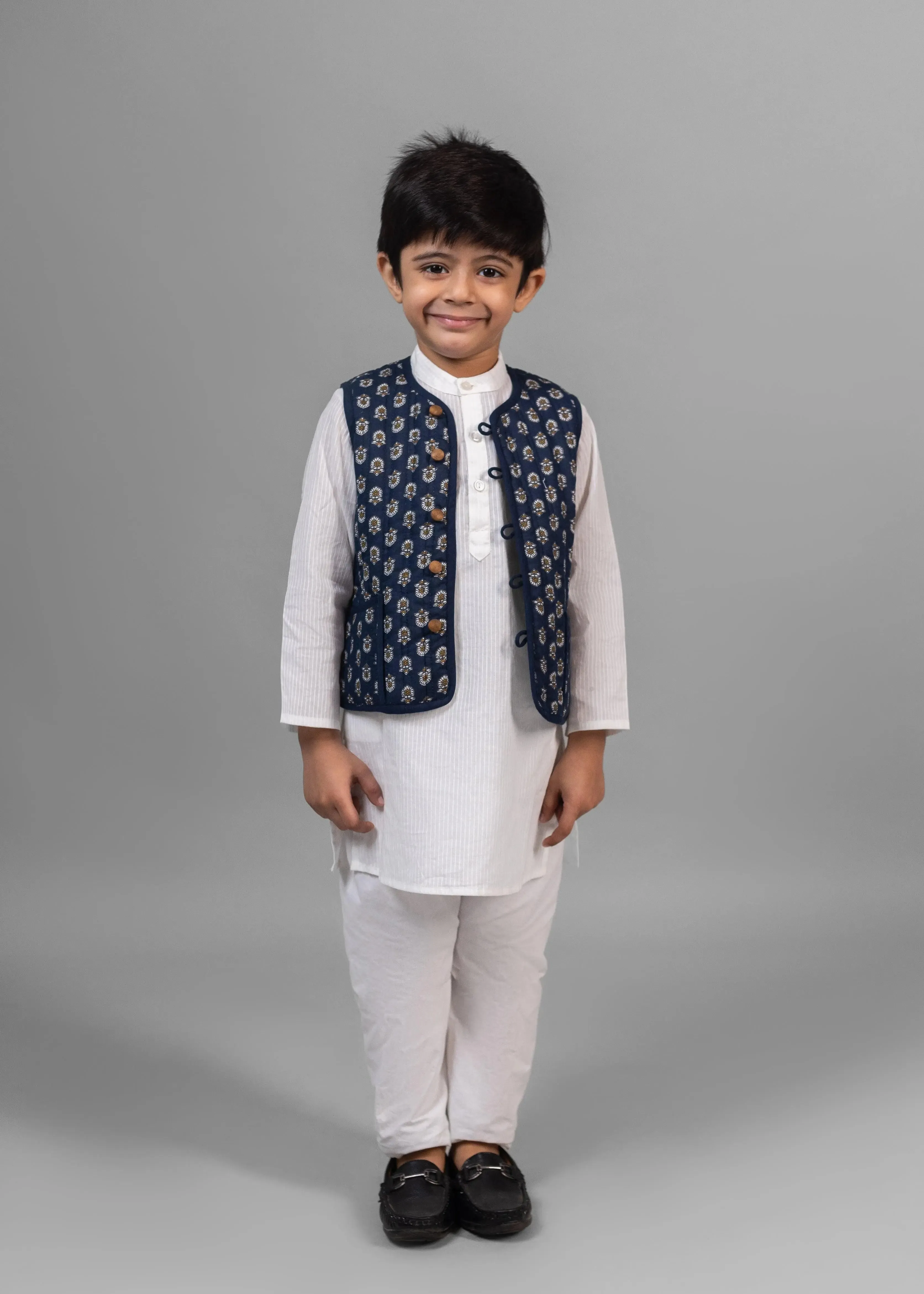 Meher/Rhombus Blue & Green 100% Cotton Reversible Bundi Jacket Unisex (0-12 Years)