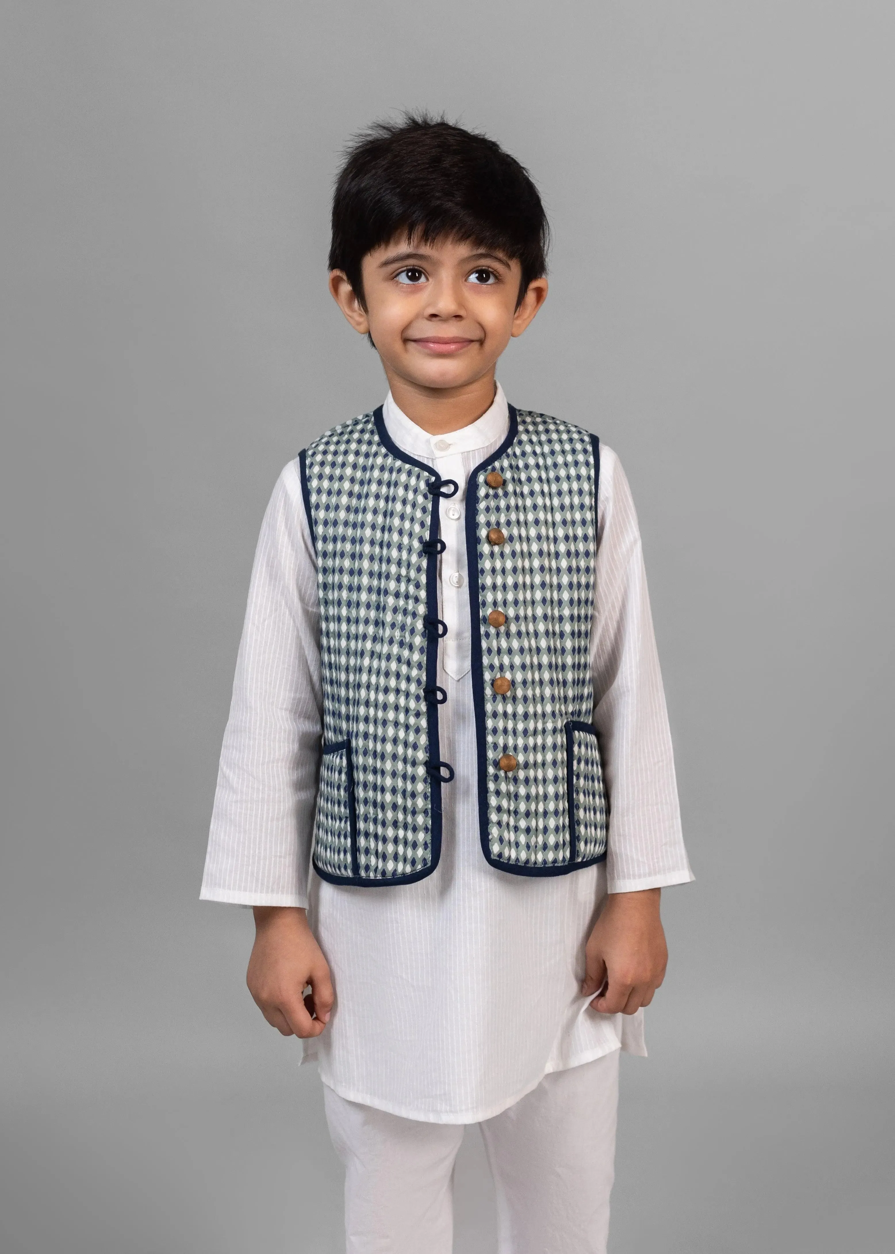 Meher/Rhombus Blue & Green 100% Cotton Reversible Bundi Jacket Unisex (0-12 Years)