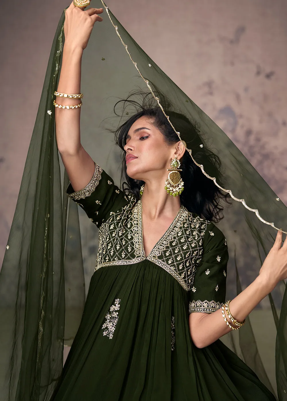 Mehndi Green Silk Embroidered Wedding Party Anarkali Gown