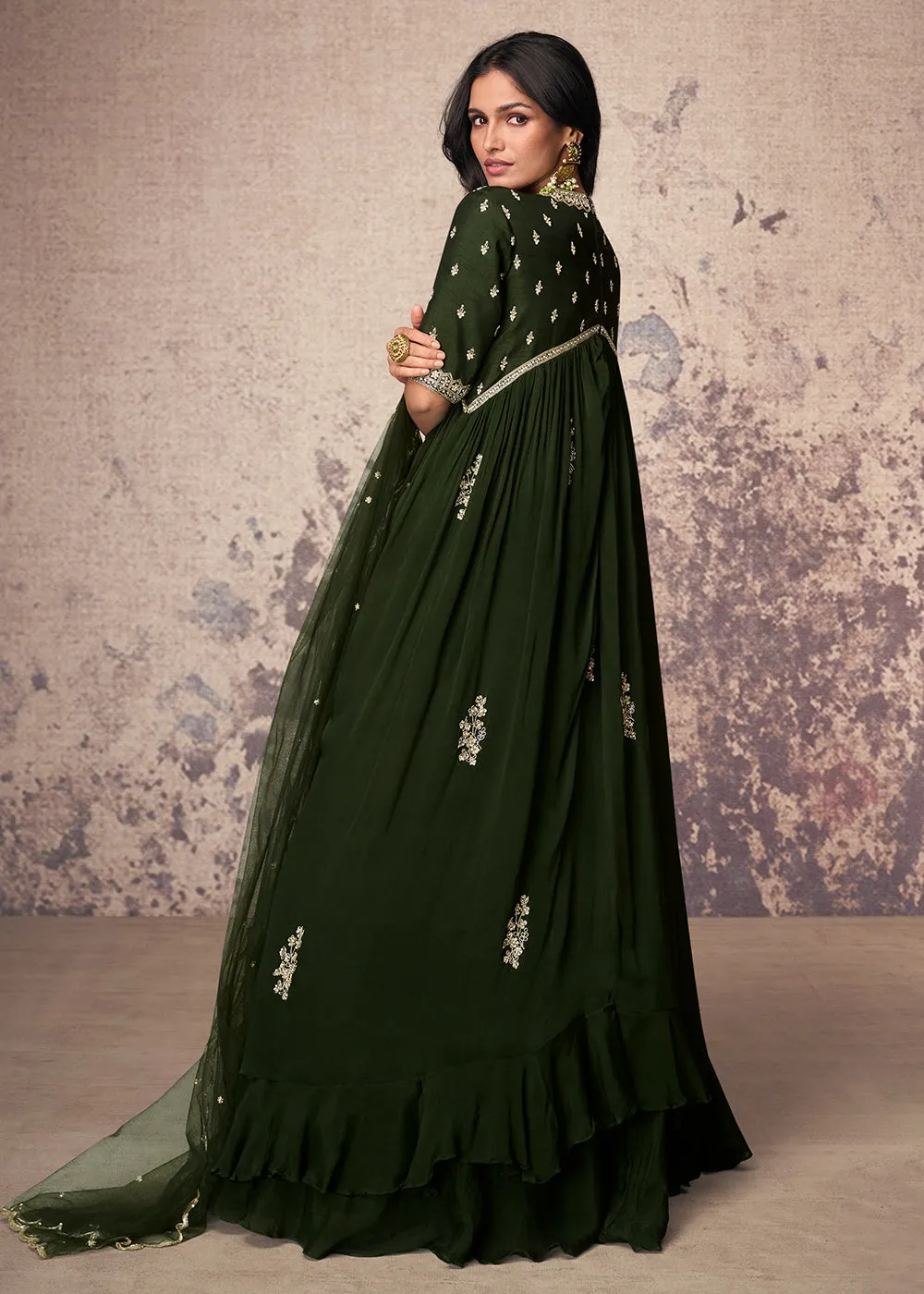 Mehndi Green Silk Embroidered Wedding Party Anarkali Gown