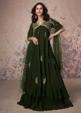 Mehndi Green Silk Embroidered Wedding Party Anarkali Gown