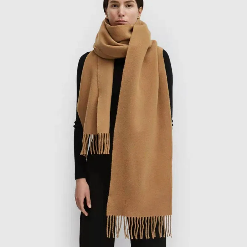 Minimalist Winter Solid Color Fringe Trim Warm Wool Knit Long Wrap Scarf