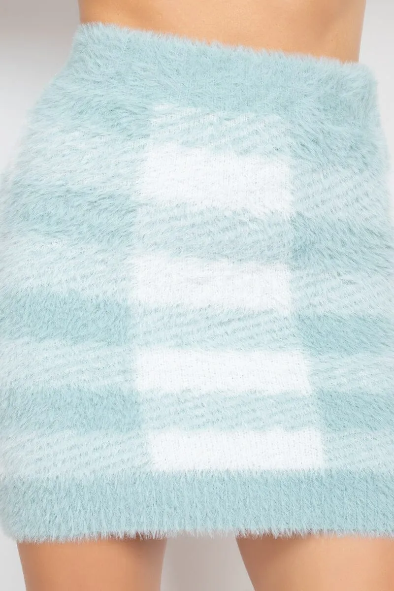 Mint Sage Blue Plaid Fuzzy knit High Waist Bodycon Pencil Mini Skirt_