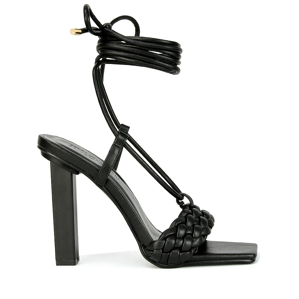 Mira Woven Strap Lace Up Strappy Block Square Toe Heels in Blue Synthetic Leather