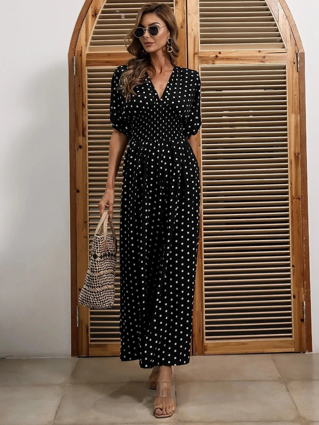 Missord Polka Dot Shirred Waist Jumpsuits M01178