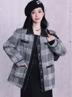 Monochrome Plaid Wool-Blend Jacket: Contrast Collar Button-Front Coat with Multiple Pockets