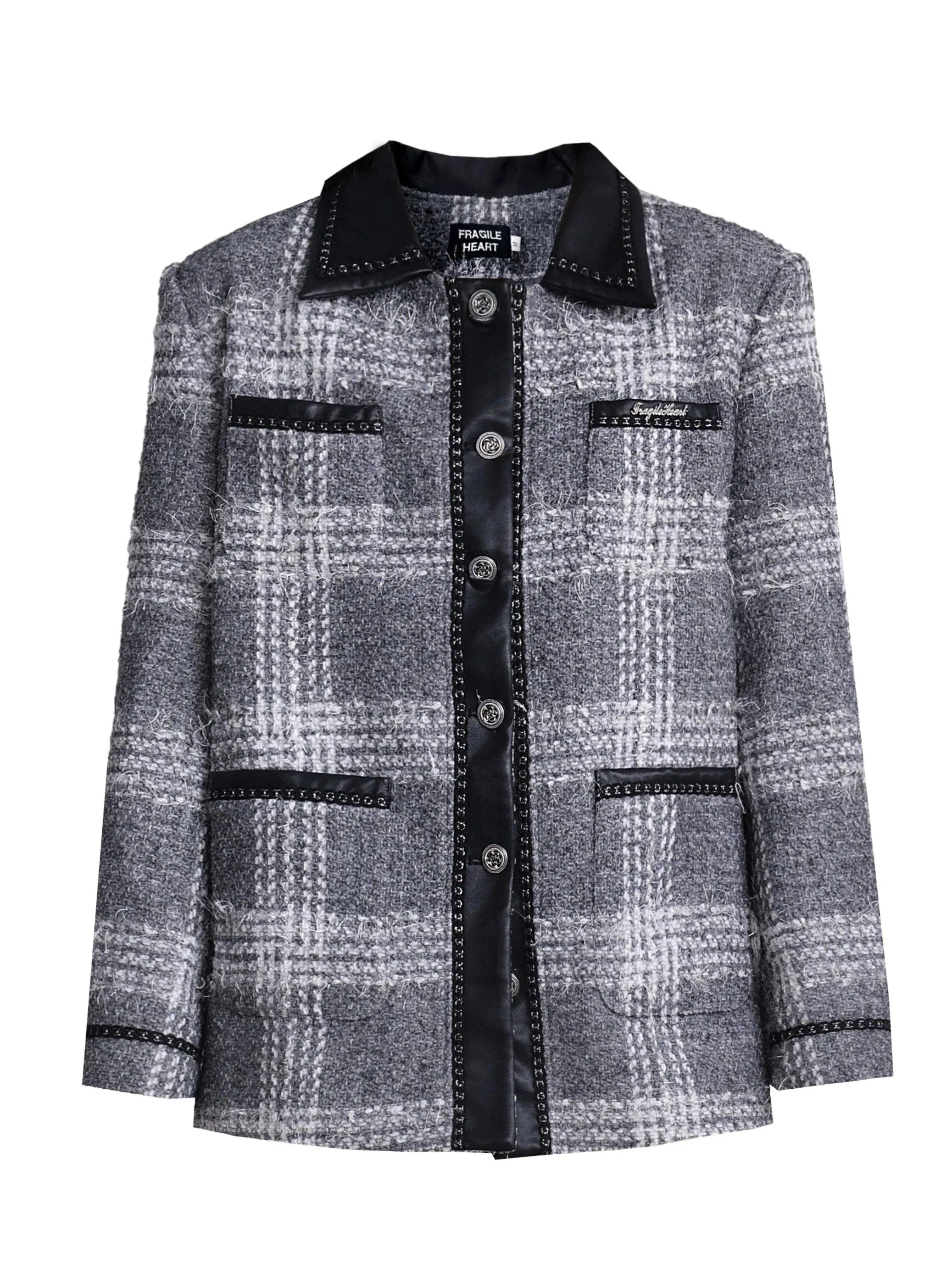 Monochrome Plaid Wool-Blend Jacket: Contrast Collar Button-Front Coat with Multiple Pockets