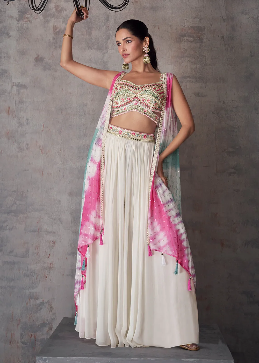 Multi White Indo Western Style Party Wear Palazzo Suit