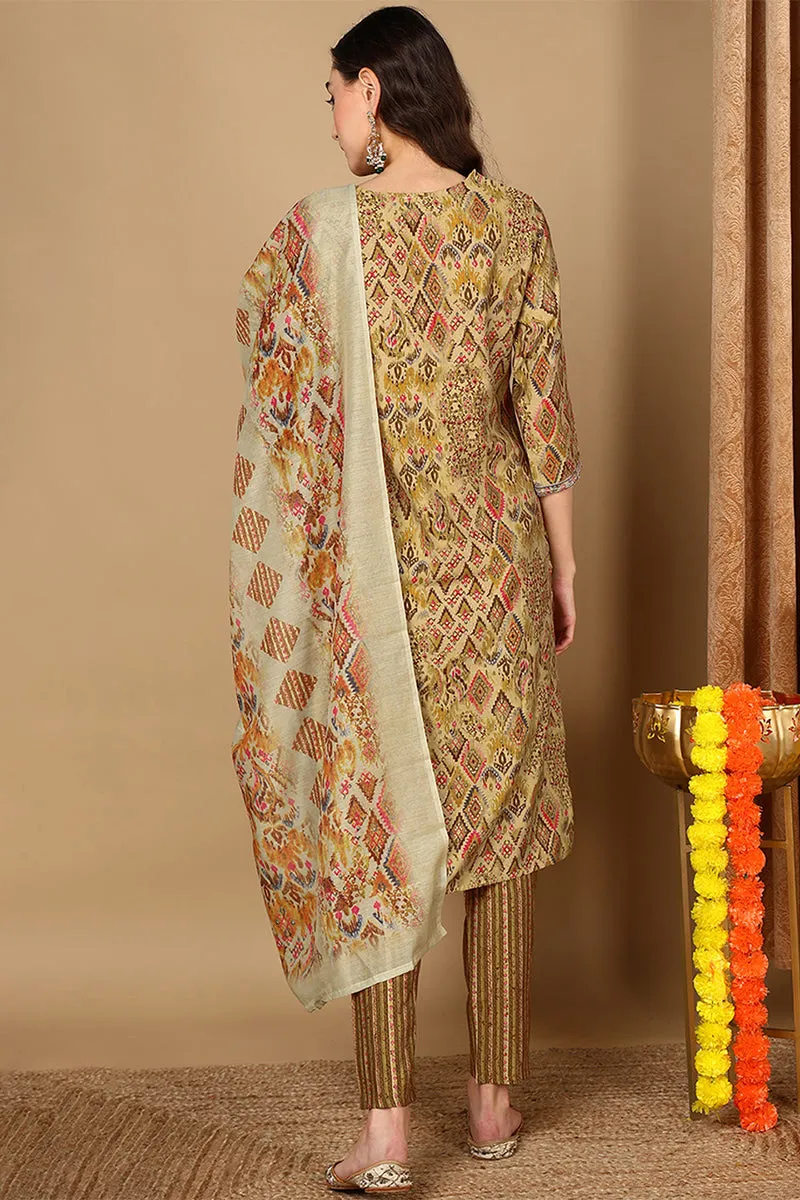 Mustard Yellow Cotton Geometric Printed Straight Suit Set