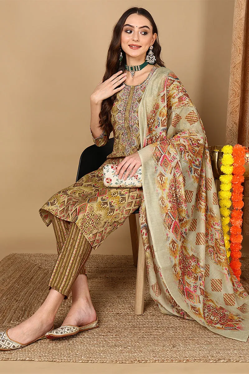 Mustard Yellow Cotton Geometric Printed Straight Suit Set