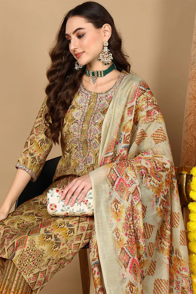 Mustard Yellow Cotton Geometric Printed Straight Suit Set