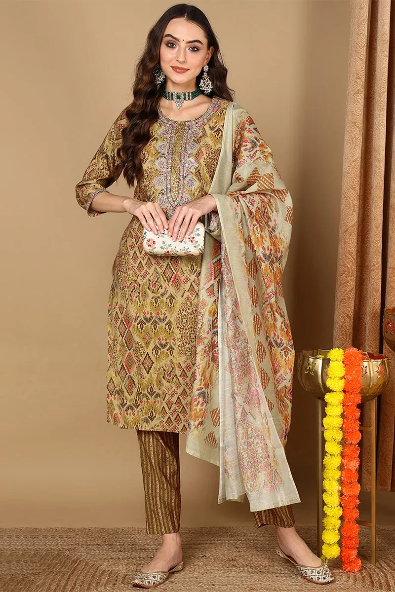 Mustard Yellow Cotton Geometric Printed Straight Suit Set