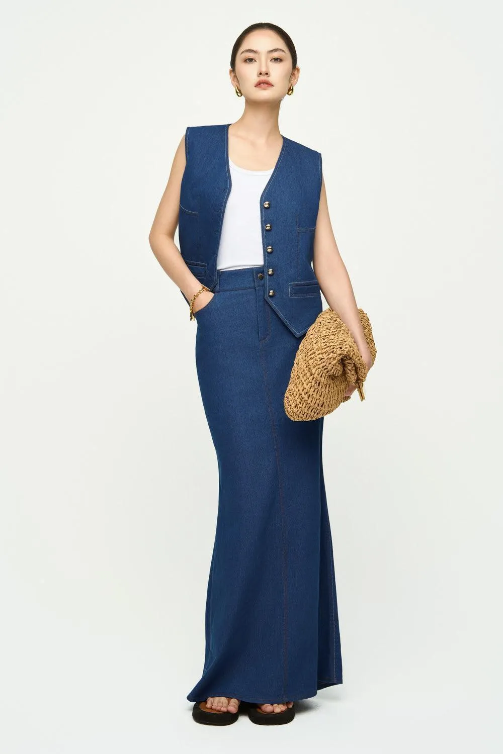 Natali Mermaid High Waist Cotton Denim Maxi Skirt