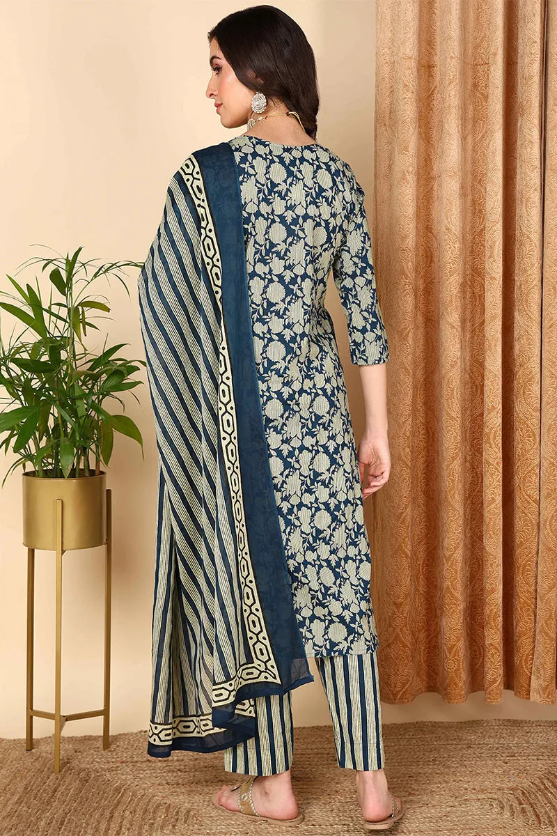 Navy Blue Pure Cotton Floral Printed Straight Suit Set