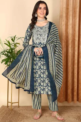 Navy Blue Pure Cotton Floral Printed Straight Suit Set