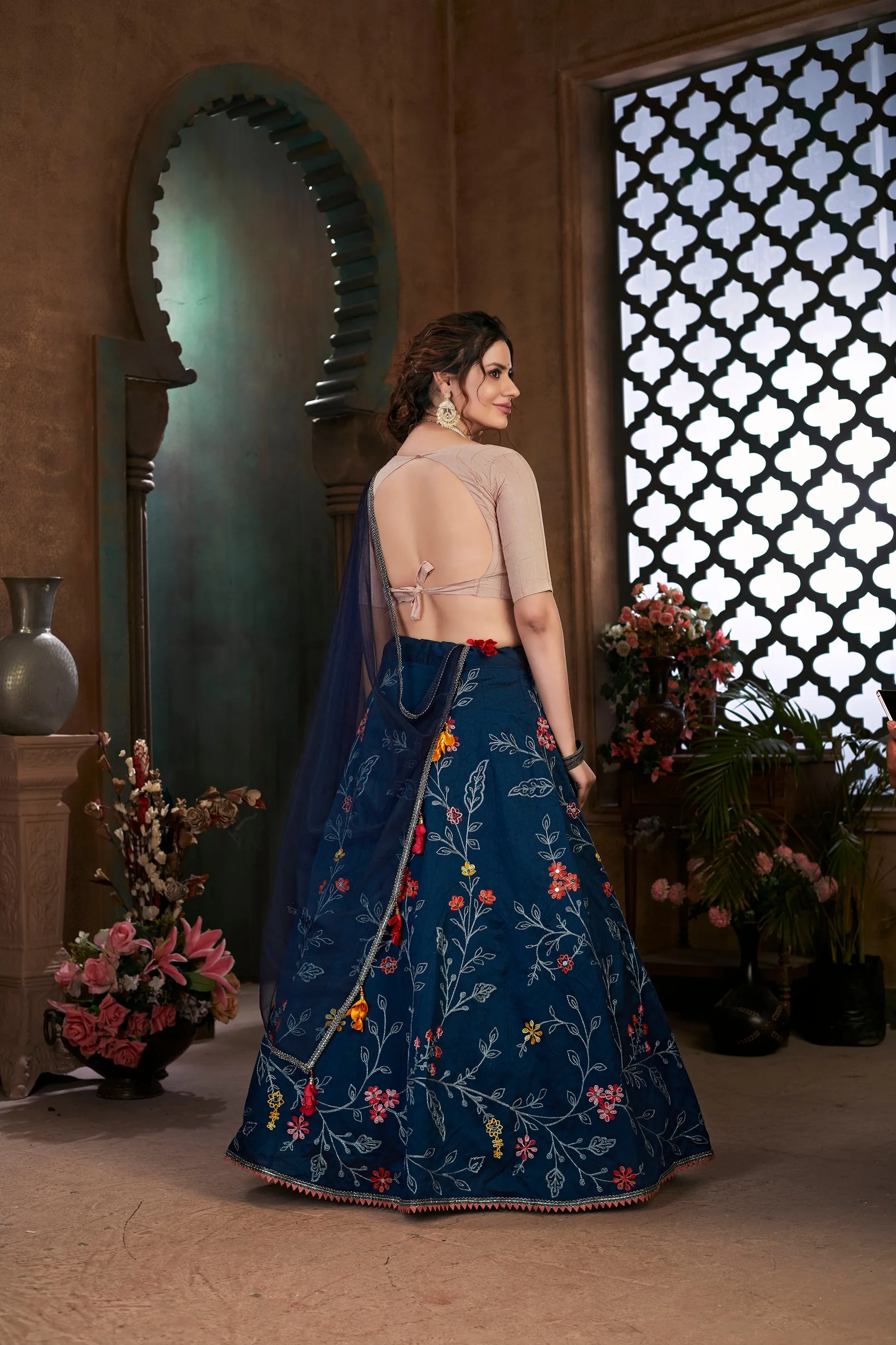 Navy Blue Thread Embroidered Art Silk Semi Stitched Bridal Lehenga