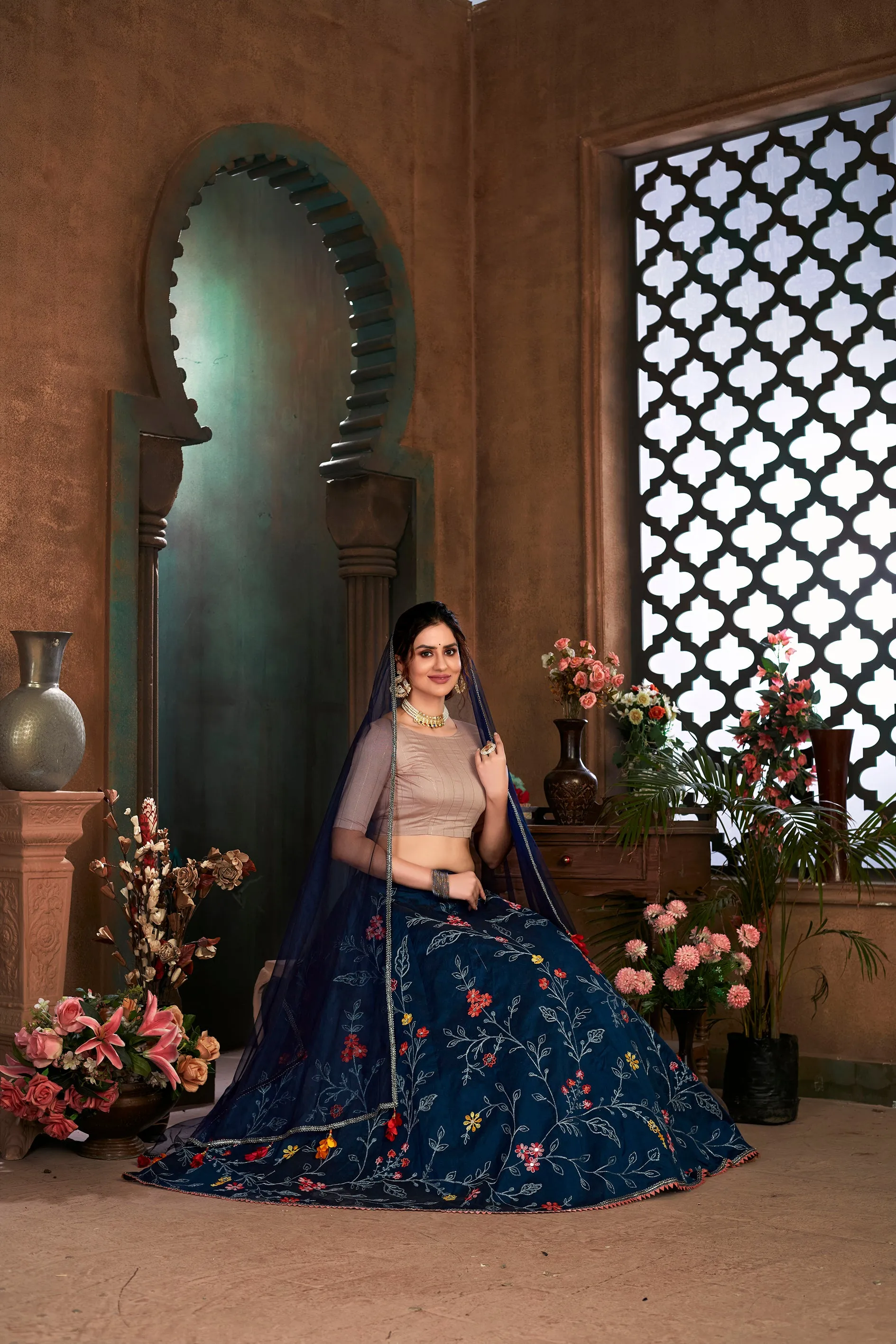 Navy Blue Thread Embroidered Art Silk Semi Stitched Bridal Lehenga