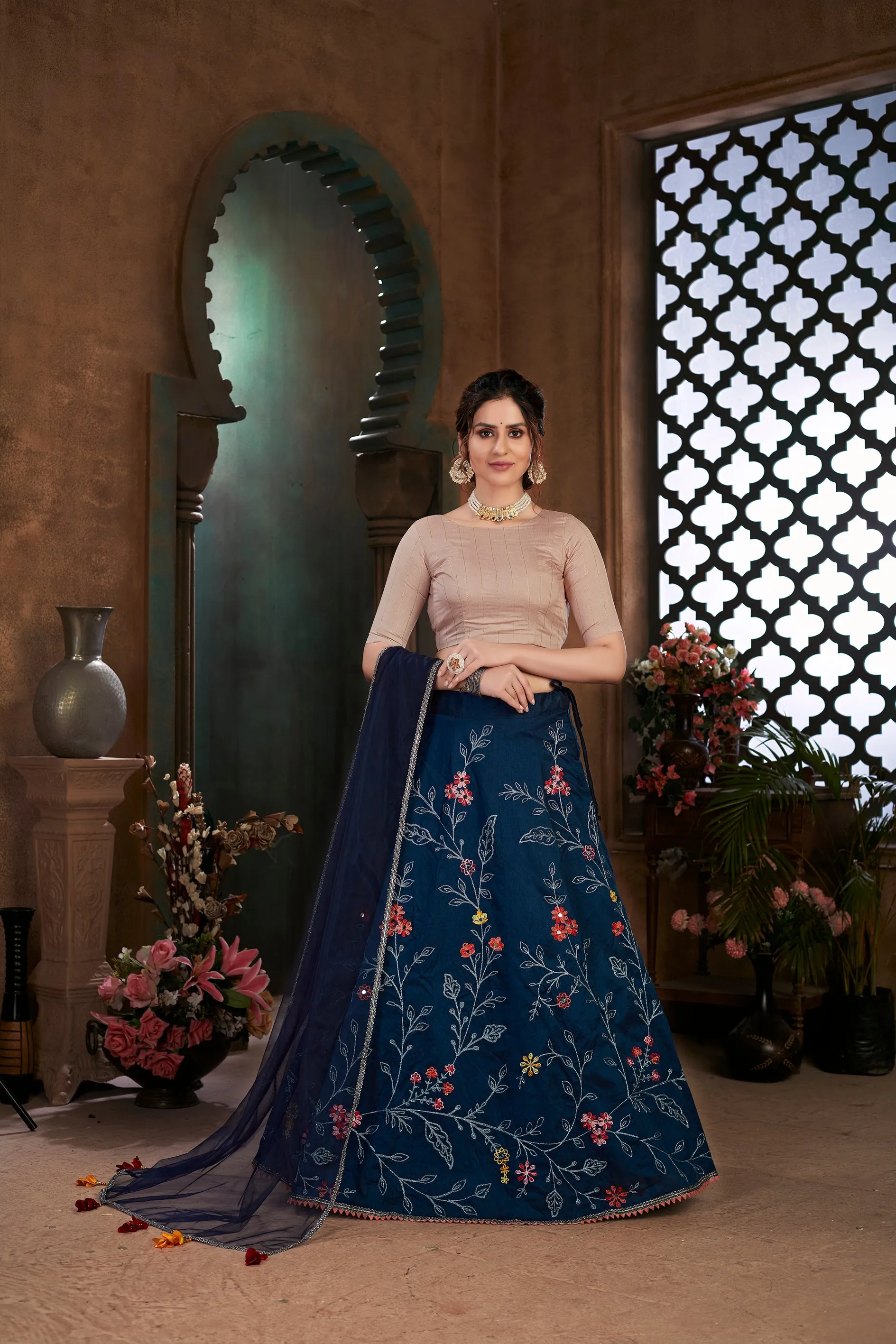 Navy Blue Thread Embroidered Art Silk Semi Stitched Bridal Lehenga