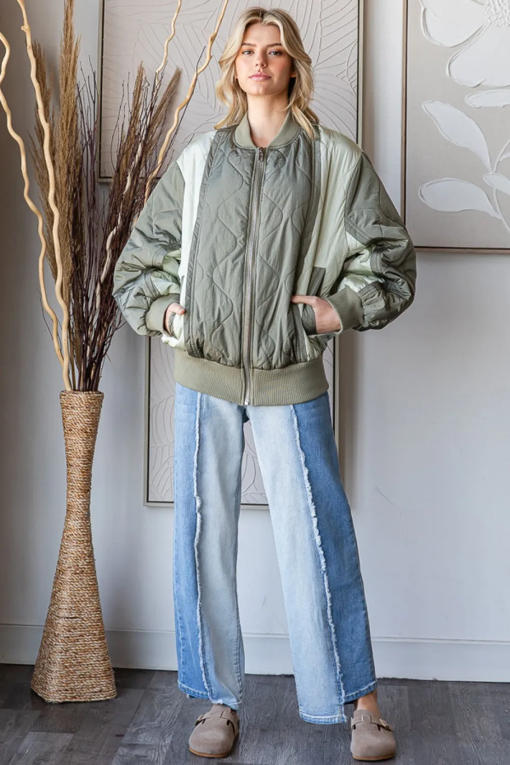 Oli & Hali Quilted Patchwork Bomber Jacket in Sage