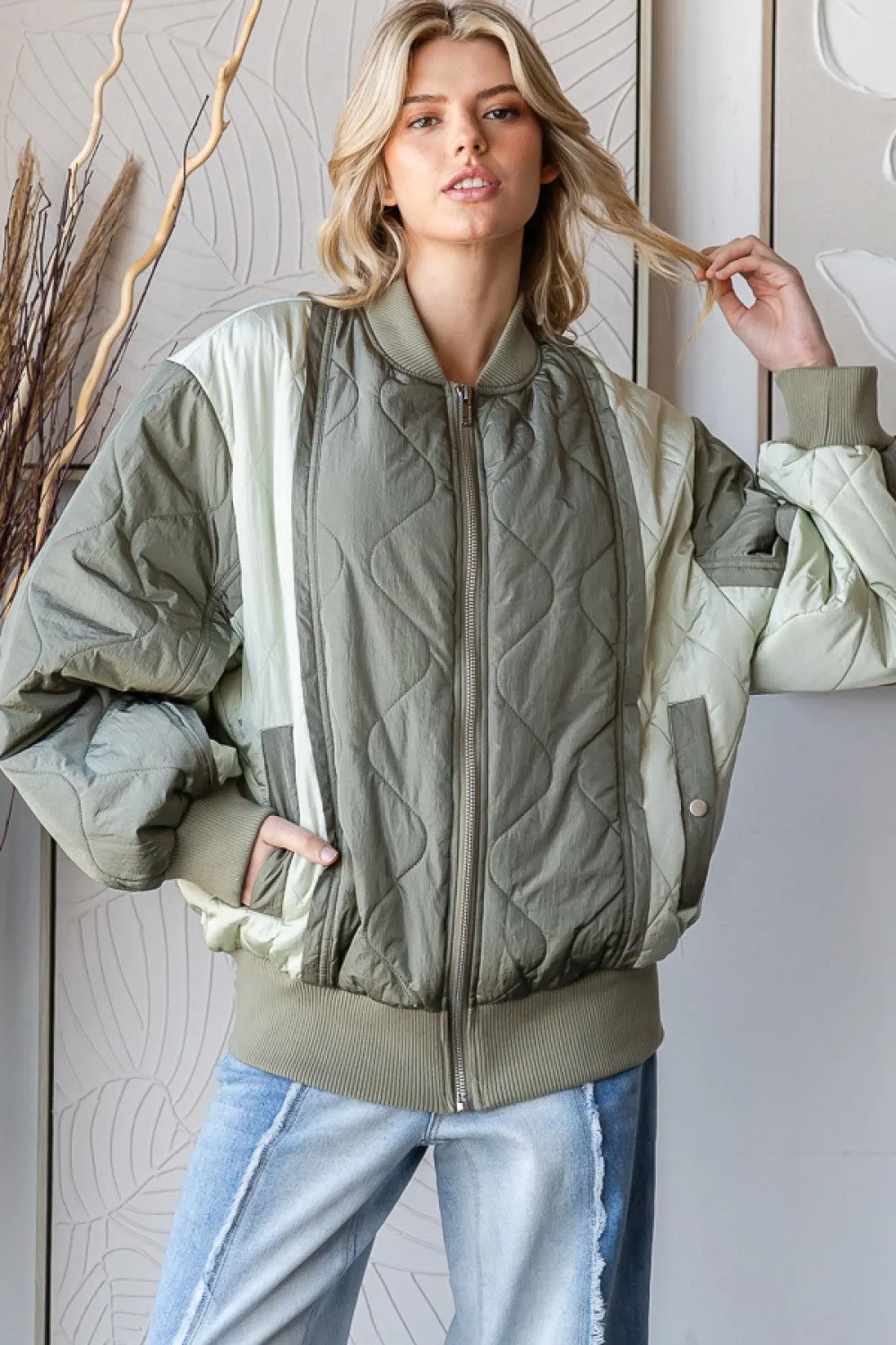 Oli & Hali Quilted Patchwork Bomber Jacket in Sage