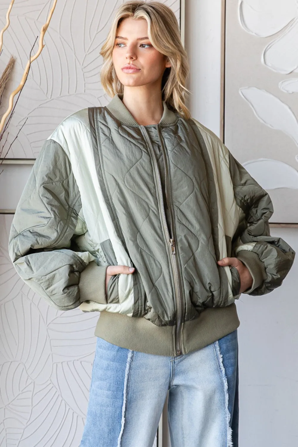 Oli & Hali Quilted Patchwork Bomber Jacket in Sage