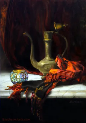 ON HOLD- Turkish Light Still Life Painting Red Drapery Inspired by Istanbul Glass