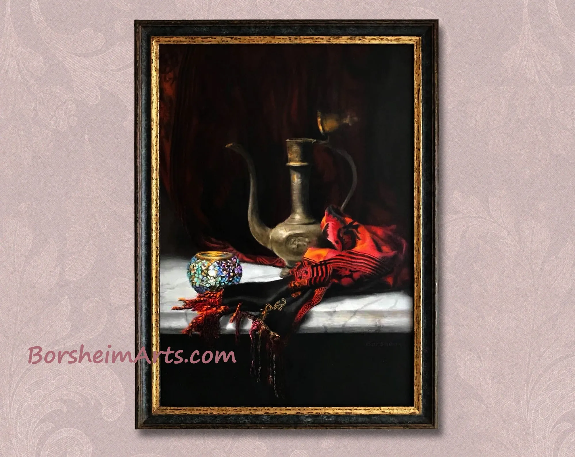 ON HOLD- Turkish Light Still Life Painting Red Drapery Inspired by Istanbul Glass