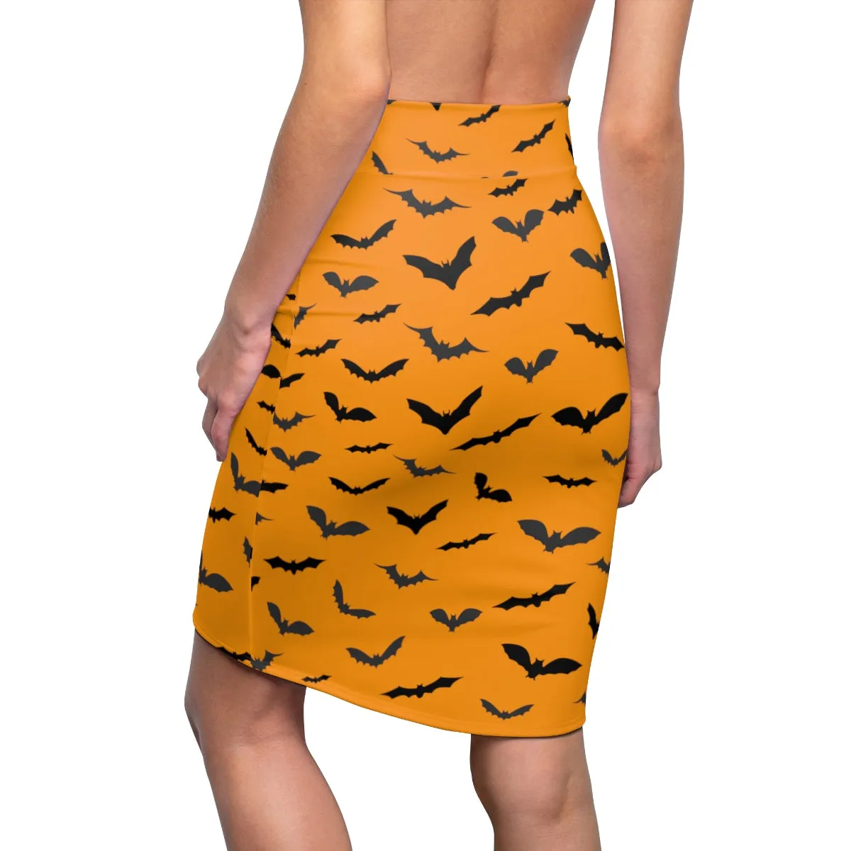 Orange Black Bats Pencil Skirt, Halloween Bats Print Women's Pencil Skirt- Made in USA (Size: XS-2XL)