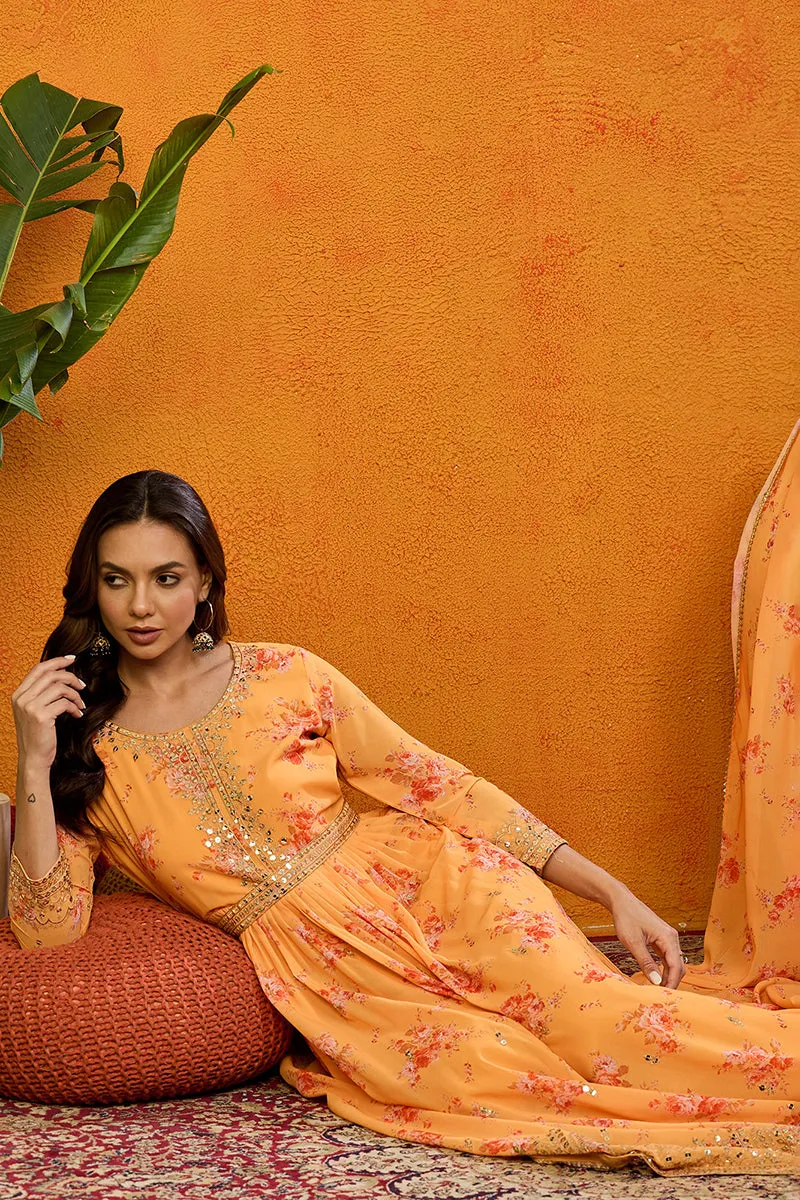 Orange Georgette Floral Printed Flared Suit Set