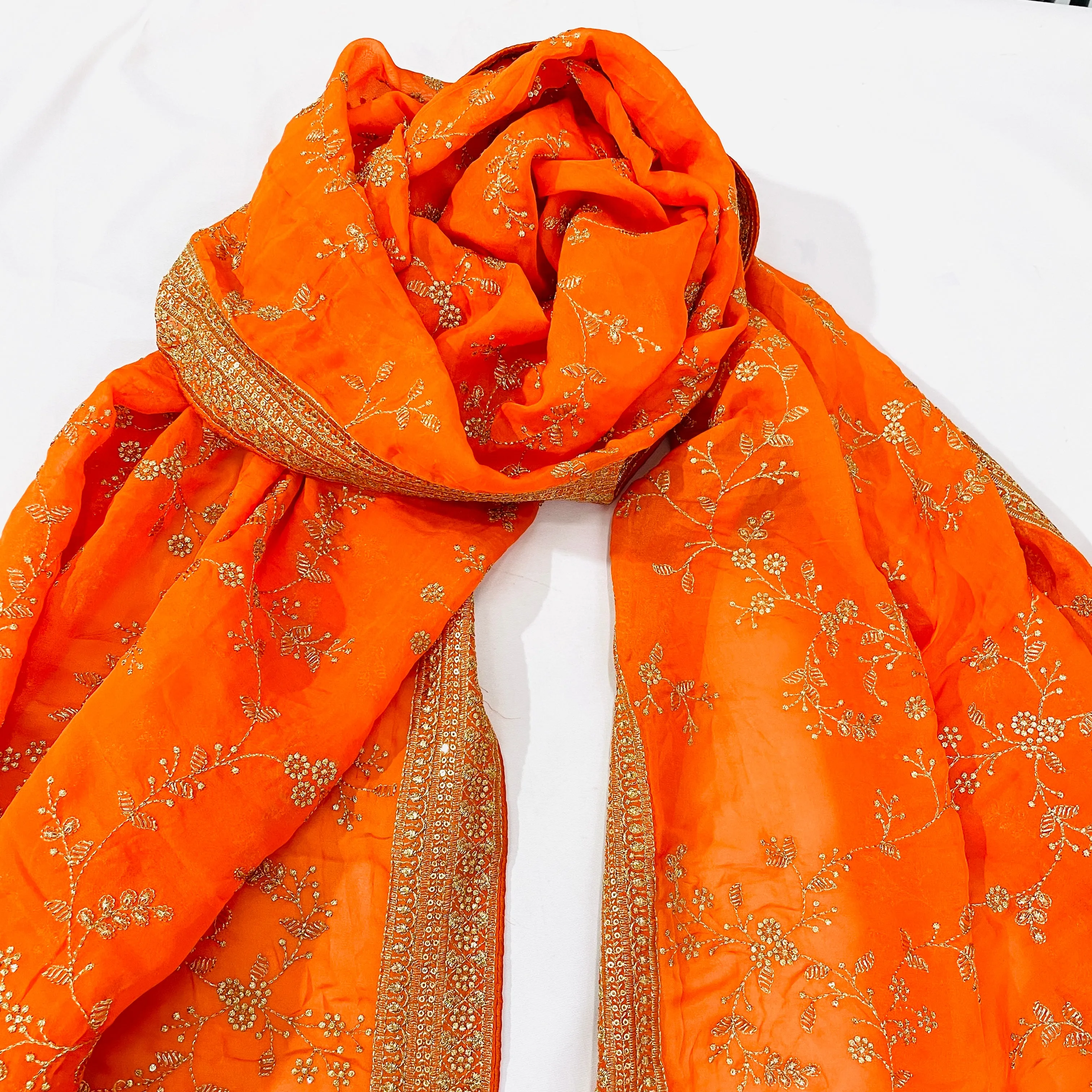 Orange Golden Floral Embroidery Dupatta