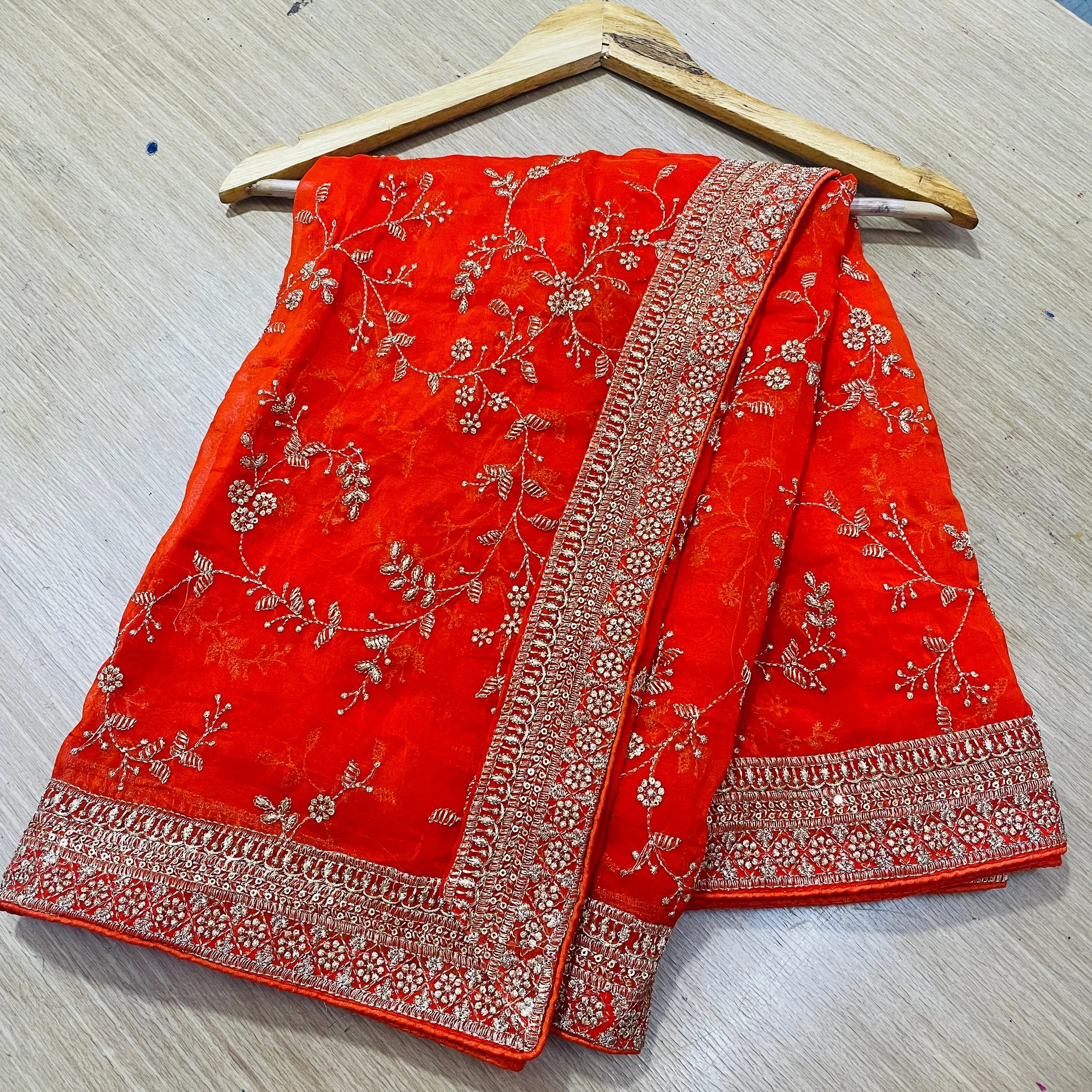 Orange Golden Floral Embroidery Dupatta