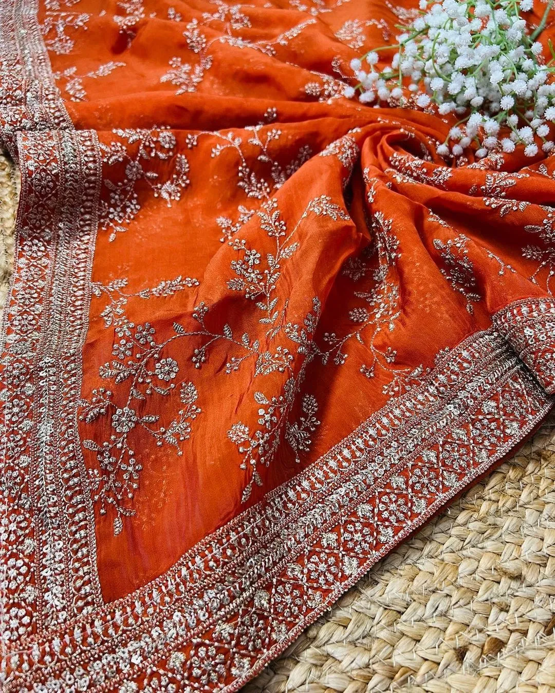 Orange Golden Floral Embroidery Dupatta