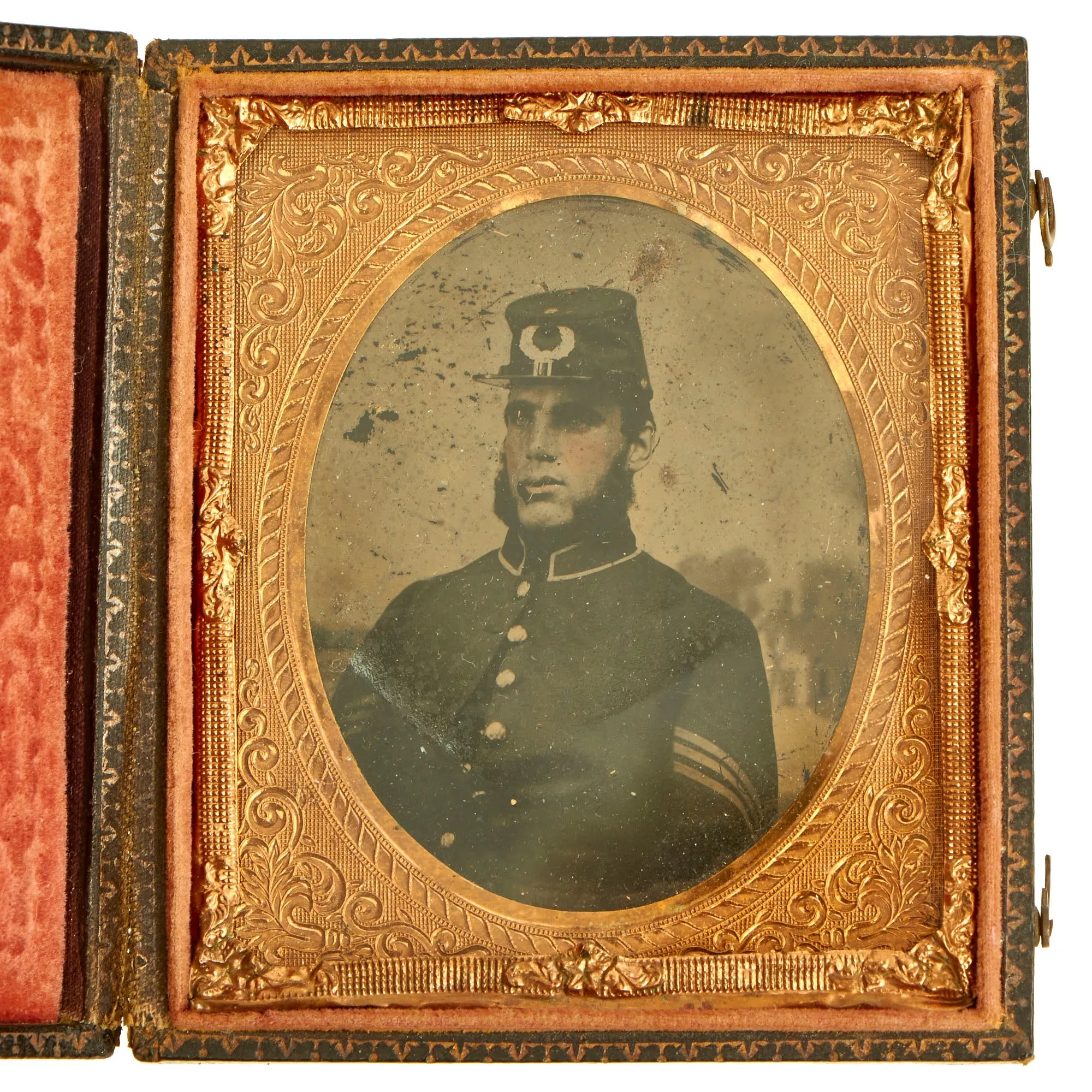 Original U.S. Pre/Early Civil War Sixth Plate Ambrotype of Federal Soldier in Frock Coat and Kepi With Insignia Visible