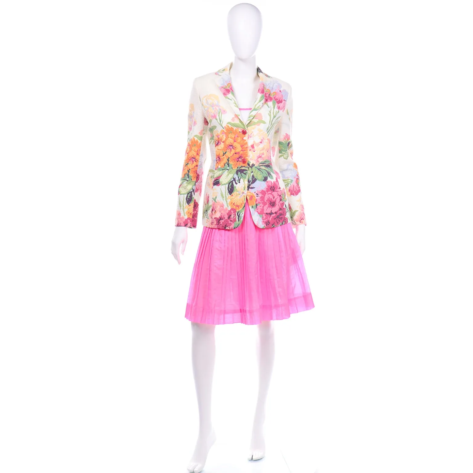 Oscar de la Renta Pink Skirt With Top and Floral Jacket