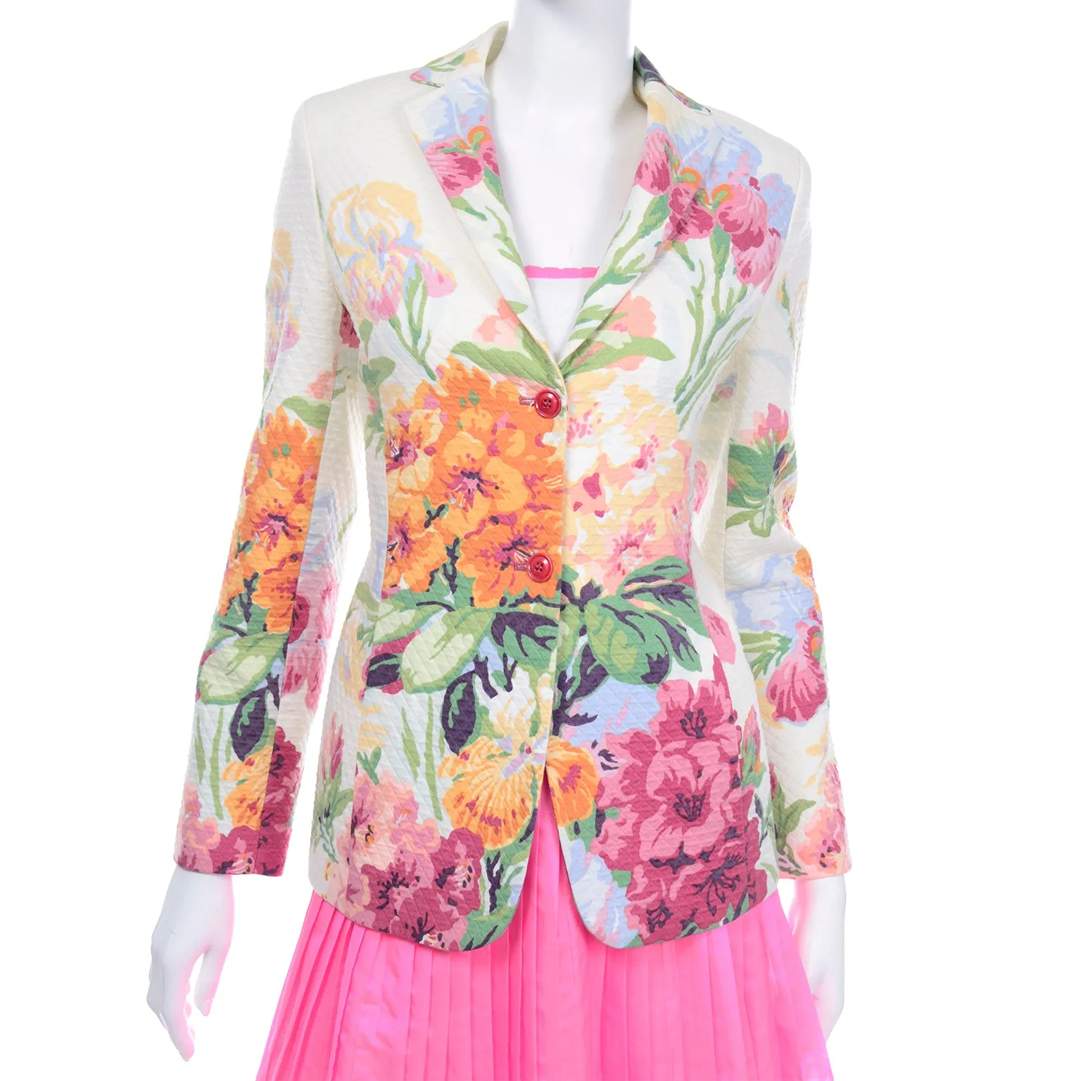 Oscar de la Renta Pink Skirt With Top and Floral Jacket