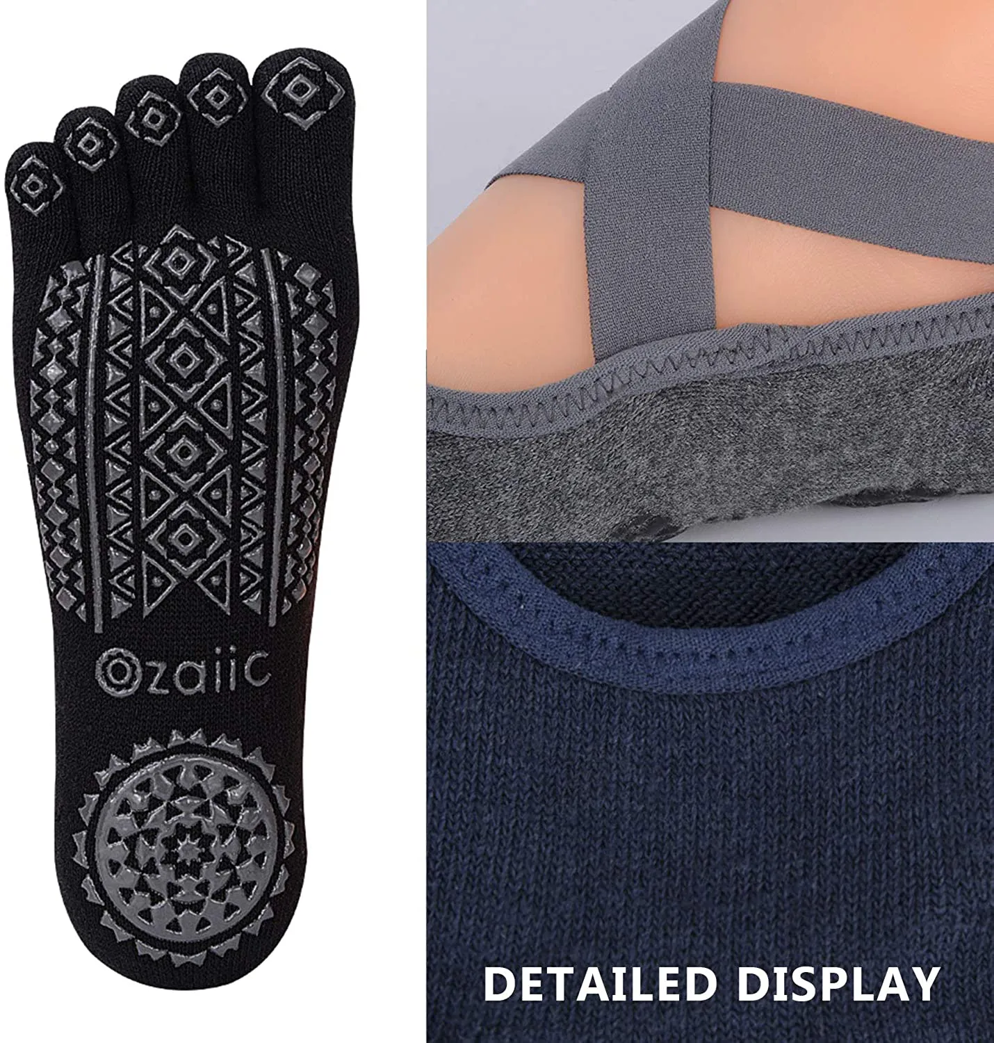 Ozaiic Yoga Socks for Women with Grips, Non-Slip Five Toe Socks for Pilates, Barre, Ballet, Fitness