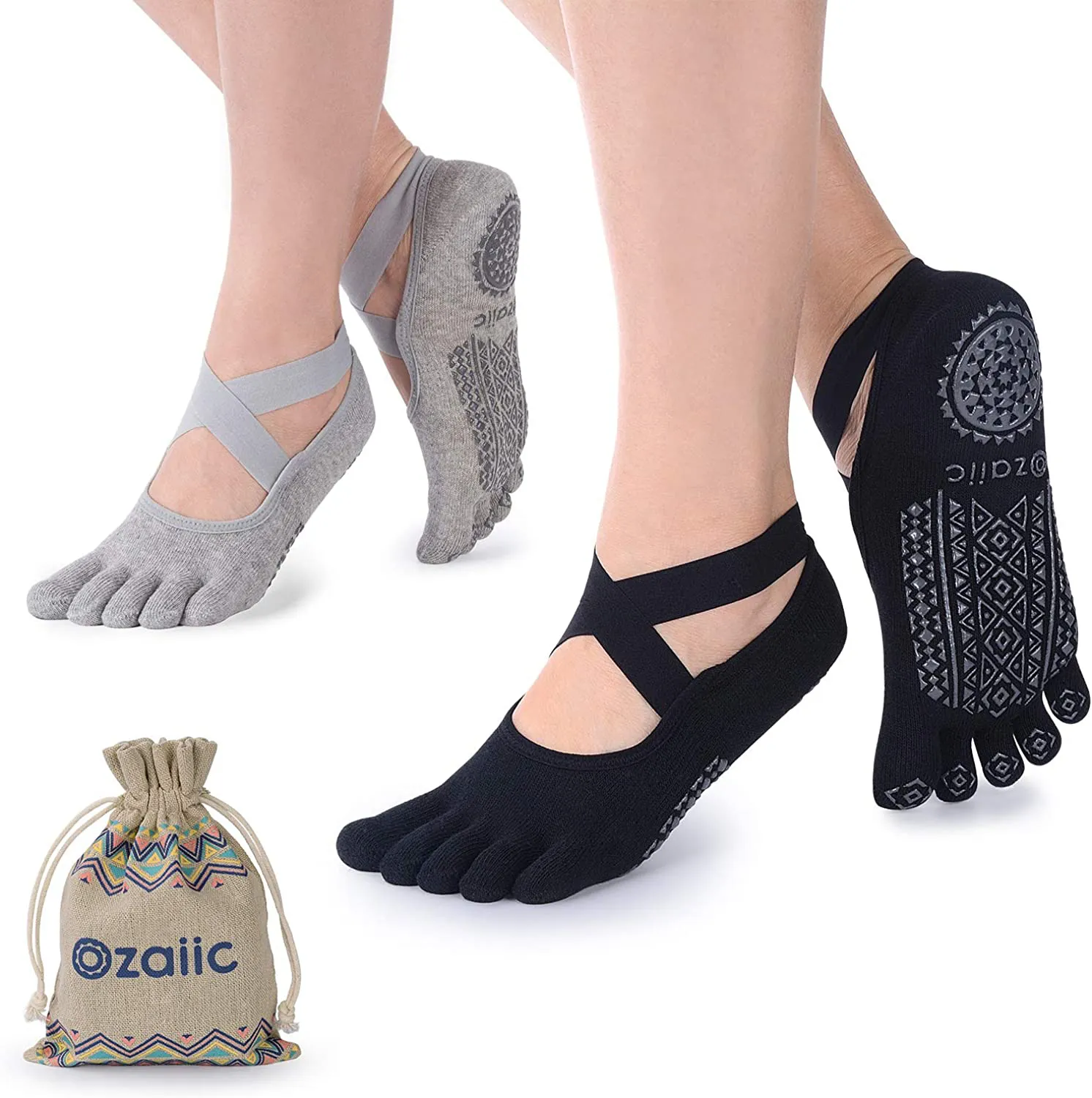 Ozaiic Yoga Socks for Women with Grips, Non-Slip Five Toe Socks for Pilates, Barre, Ballet, Fitness