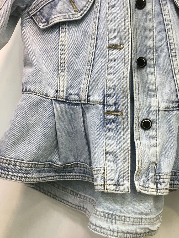 Patchwork Ruffles Casual Denim Jackets For Women Lapel Long Sleeve Spliced Single Breasted Coat Female Fashion