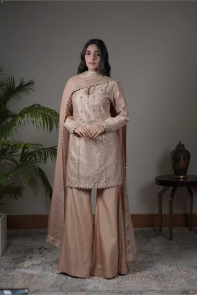 Peach Chanderi Silk Kurti Paired With Culottes Pants And  Dupatta