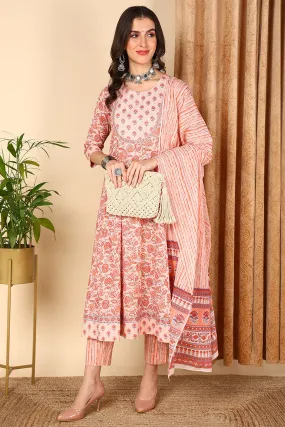 Peach Pure Cotton Floral Printed Yoke Design Suit Set