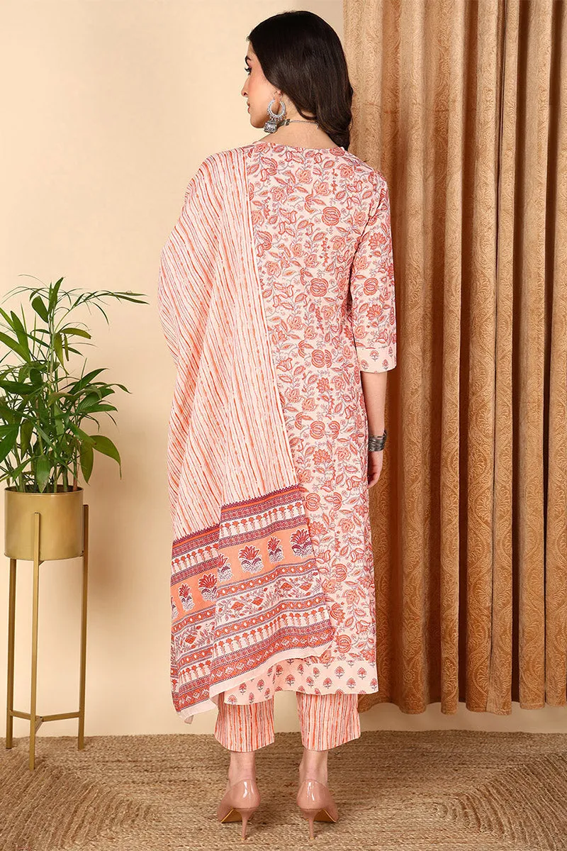 Peach Pure Cotton Floral Printed Yoke Design Suit Set