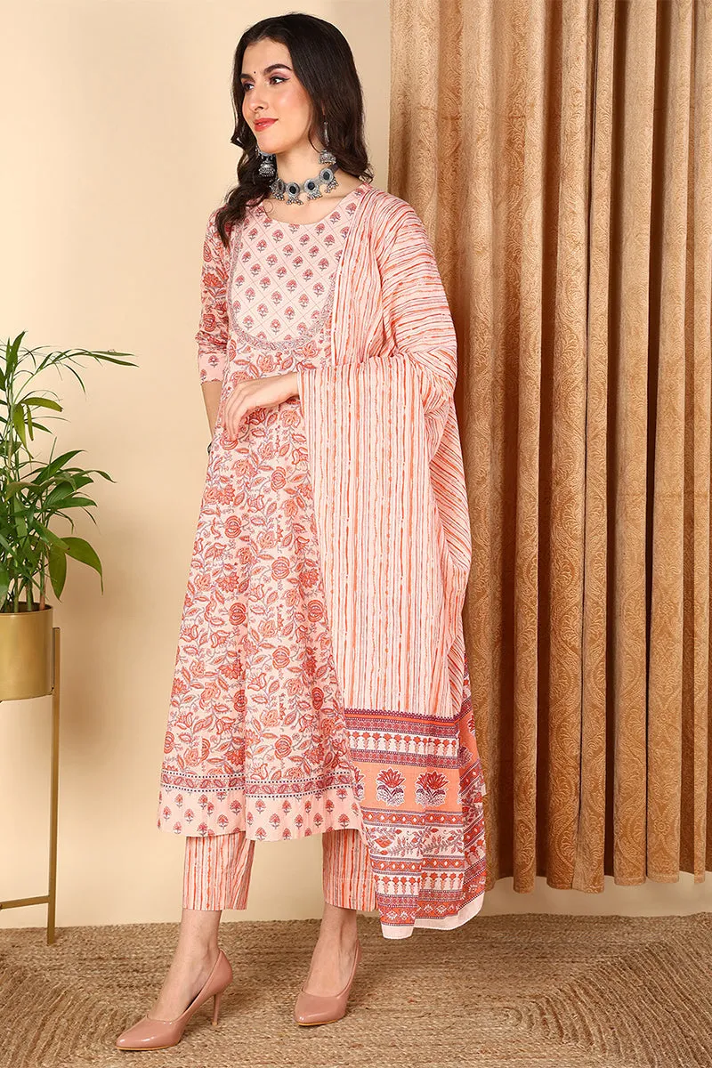 Peach Pure Cotton Floral Printed Yoke Design Suit Set