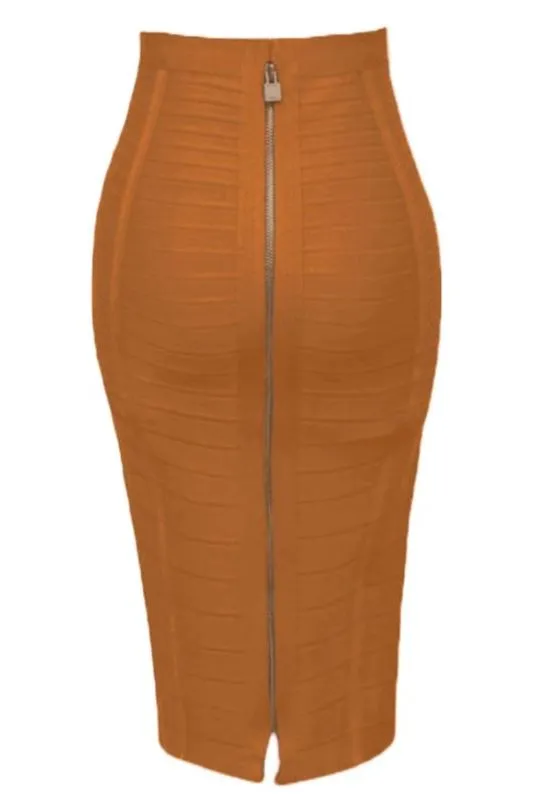 Pencil High Waist Bandage Knee Length Knitted Skirt - Tan Brown