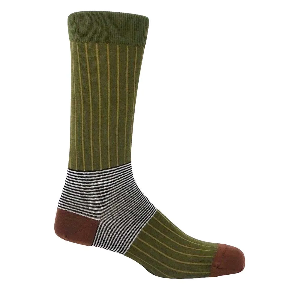 PEPER HAROW Oxford Pinstripe Men's Luxury Cotton Socks - Green and Brown