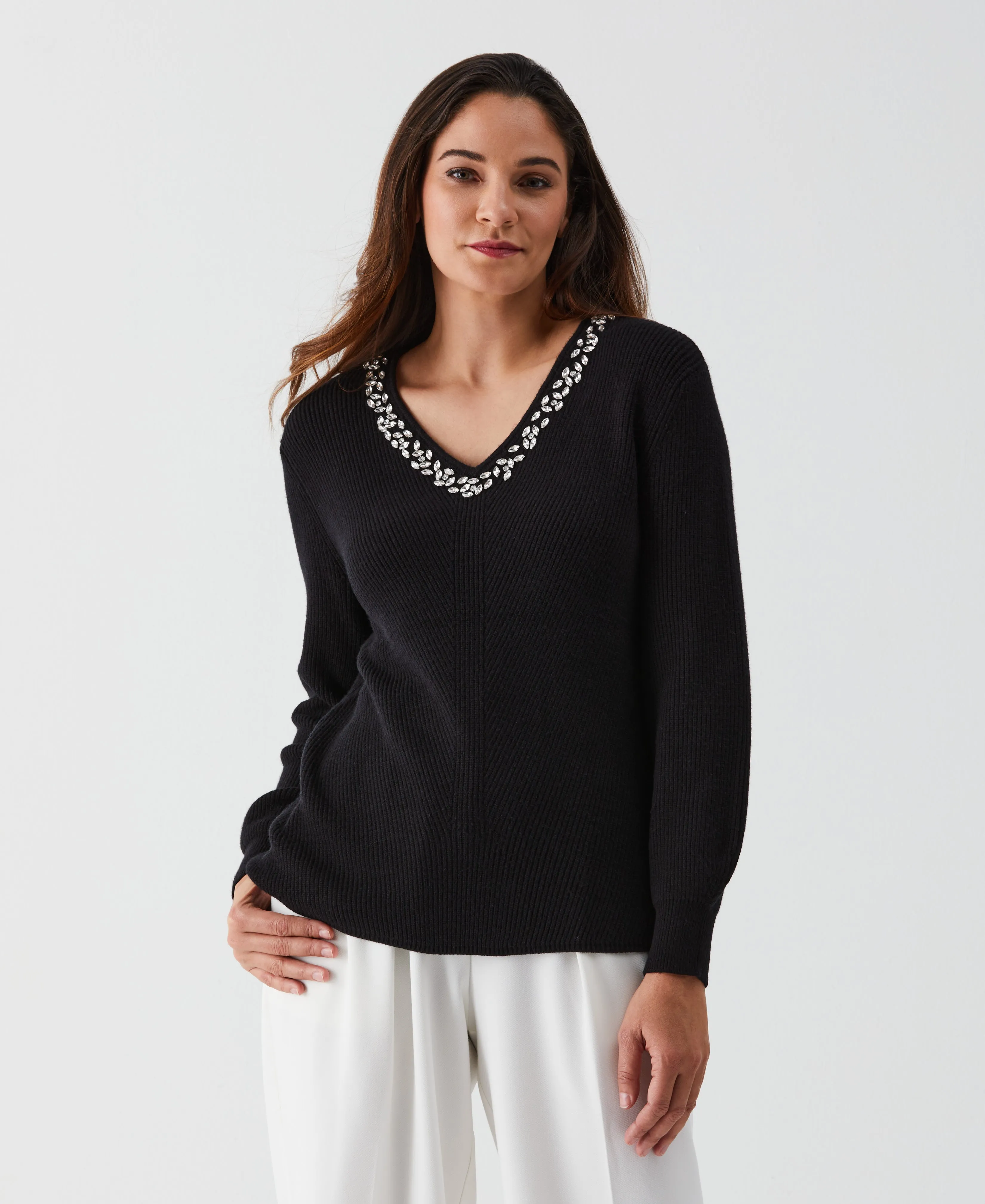 Petite Embellished V-Neck Sweater