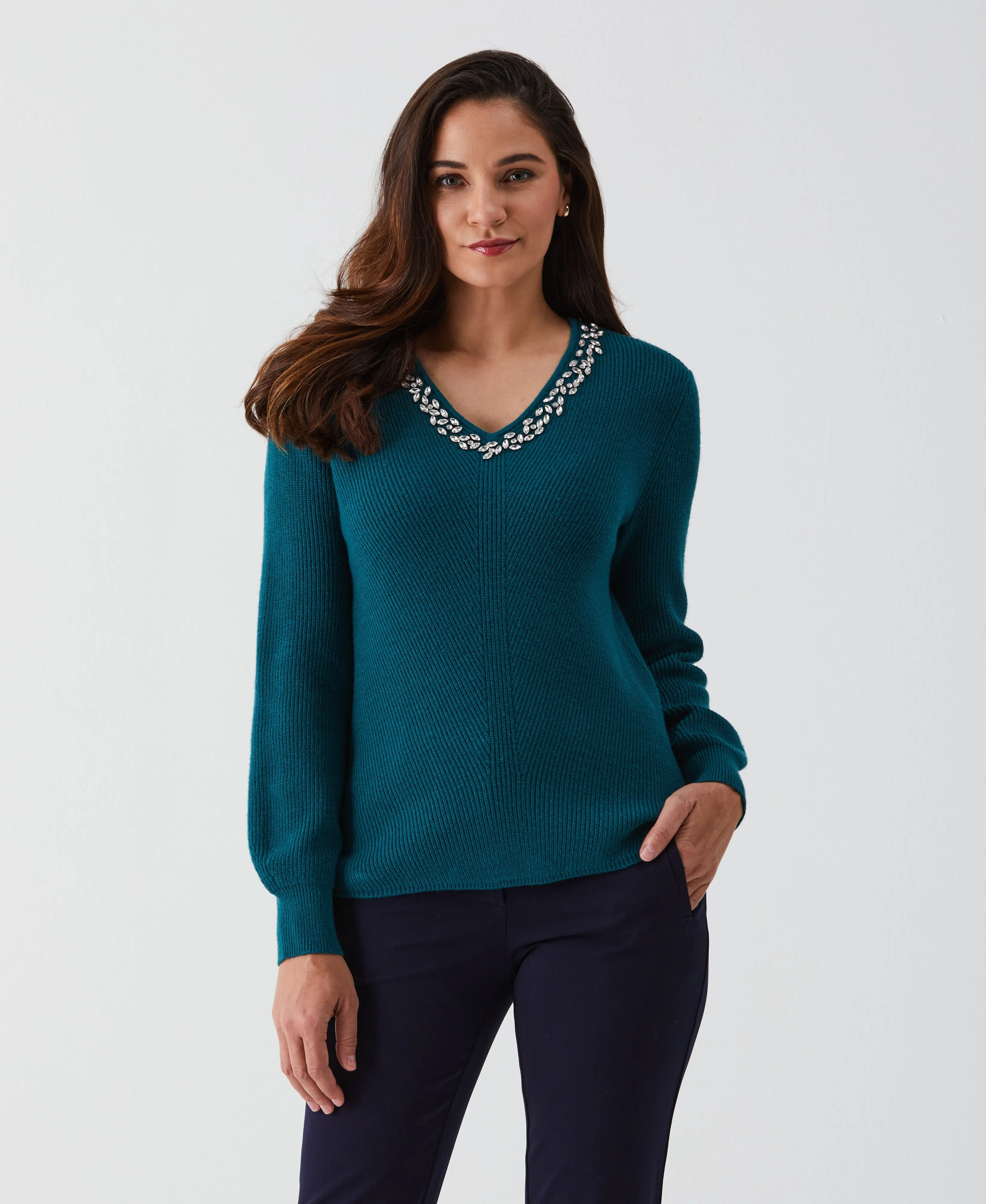 Petite Embellished V-Neck Sweater